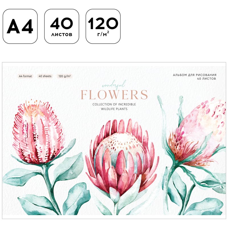 Альбом для рисования 40л., А4, на скрепке Greenwich Line "Flowers collection", 120г/м2 PS40s-36895