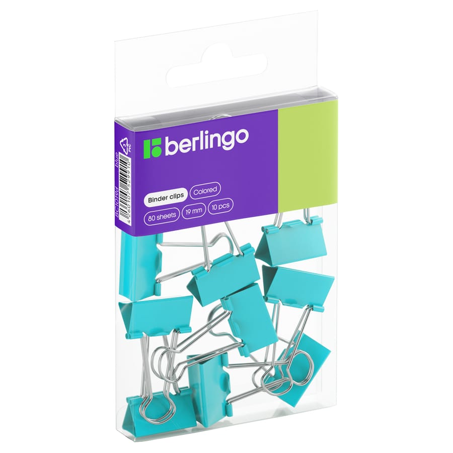 Зажимы для бумаг 19мм, Berlingo, 10шт., цветные, ПВХ упак., европодвес, голубые BC1019d