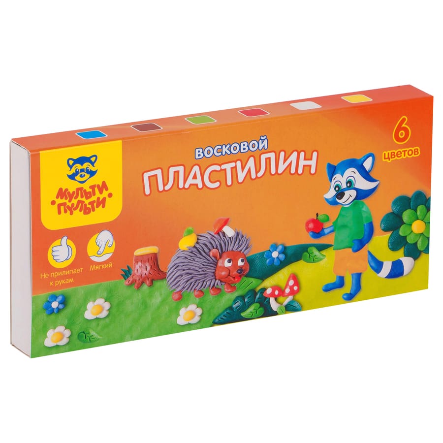 Пластилин Мульти-Пульти "Енот в лесу", 06 цветов, 90г, восковой, со стеком, ВП_11055