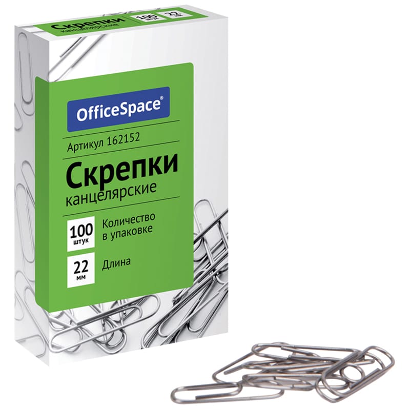 Скрепки 22мм, OfficeSpace, 100шт., карт. упаковка 162152