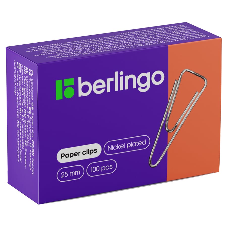 Скрепки 25мм, Berlingo, 100шт., никелированные треуг, с отогн нос, карт. упак BK2510n
