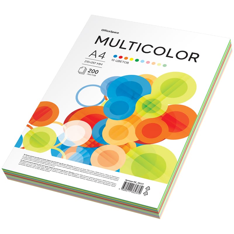 Бумага цветная OfficeSpace "Multicolor", А4, 80г/м2, 200л., (10 цветов) MC_38237