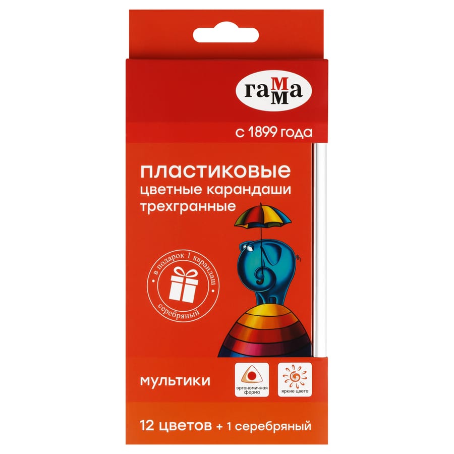 Карандаши цветные пластиковые Гамма "Мультики", 12цв. +1 серебряный, трехгранные,19012312