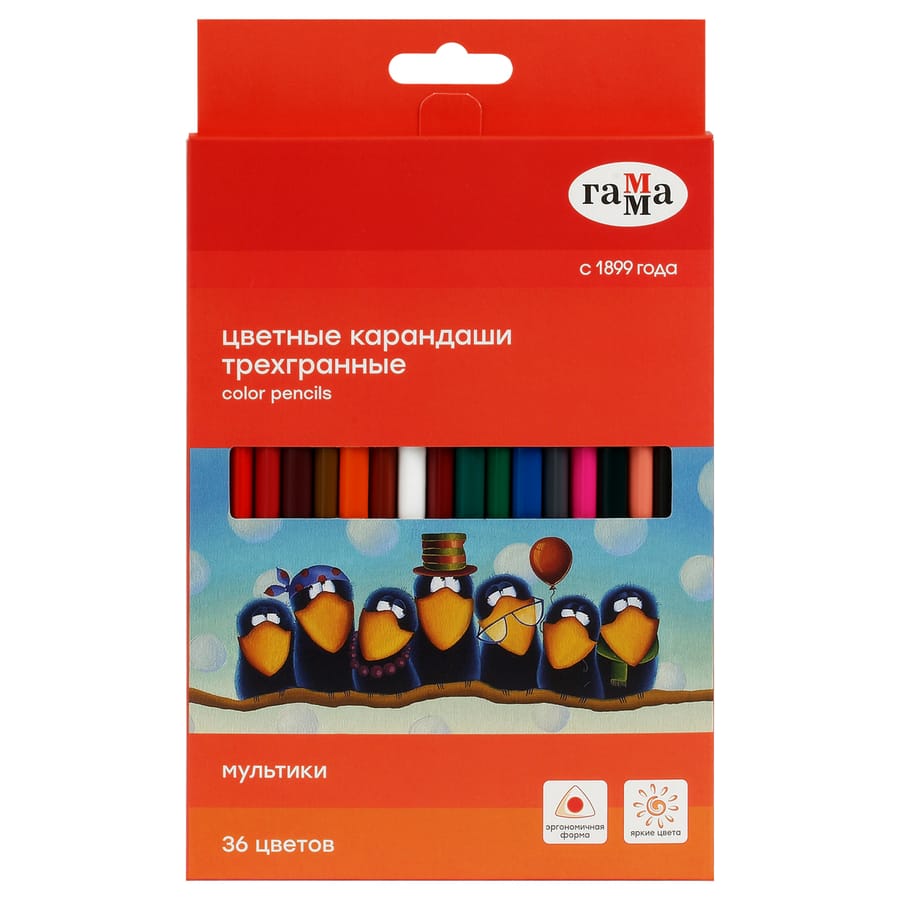 Карандаши цветные Гамма "Мультики", 36цв., трехгранные, заточен., картон. упак., 290122_36
