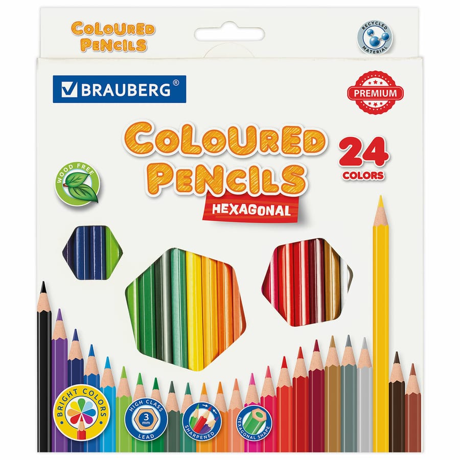 Карандаши цветные BRAUBERG PREMIUM, 24 цвета, шестигранные, 181668