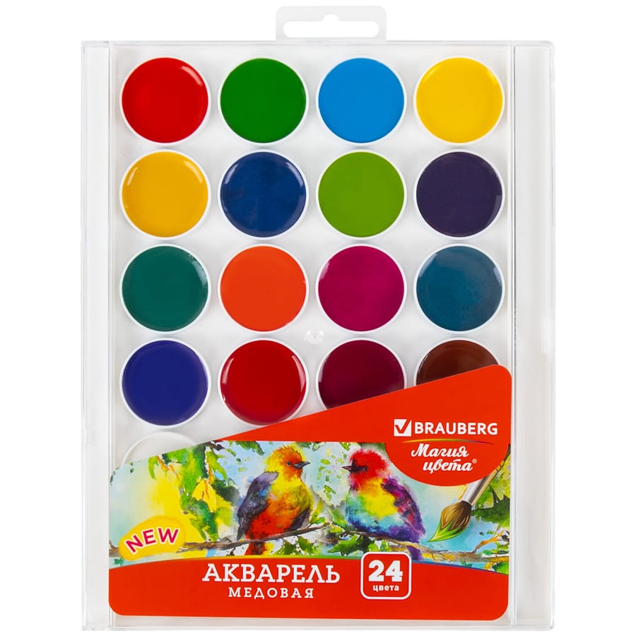Краски акварельные BRAUBERG "МАГИЯ ЦВЕТА NEW", медовые, 24 цвета, круглые кюветы, 192365