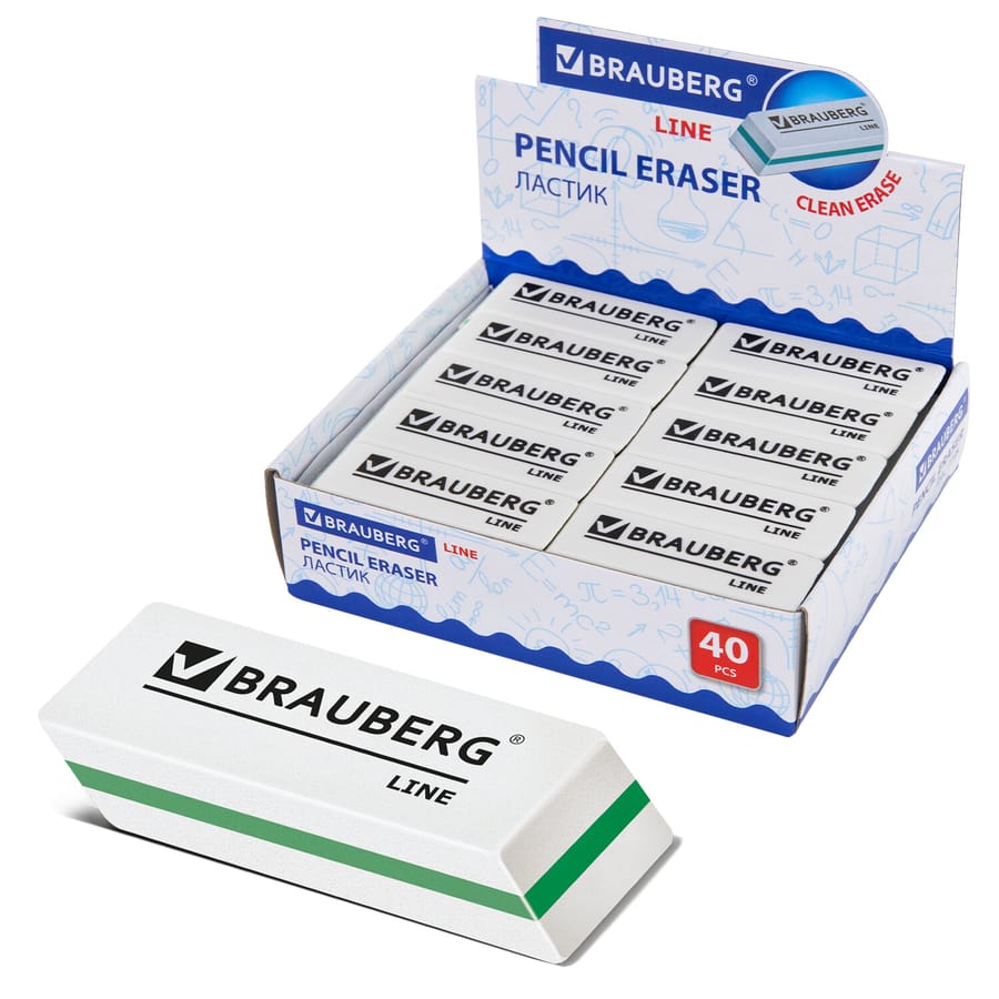 Ластик BRAUBERG LINE, 57х18х8 мм, белый, прямоугольный, скошенные края, 221036