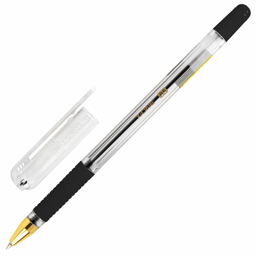 Ручка шариковая масляная с грипом BRAUBERG "X-ONE", ЧЕРНАЯ, корпус прозр., линия 0,35 мм, 143988