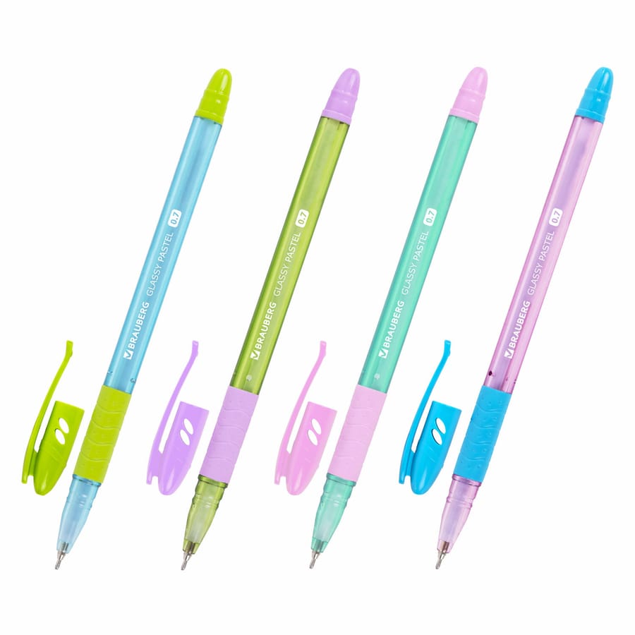 Ручка шариковая масляная с грипом BRAUBERG GLASSY PASTEL MIX, СИНЯЯ, линия 0,35мм, 144105