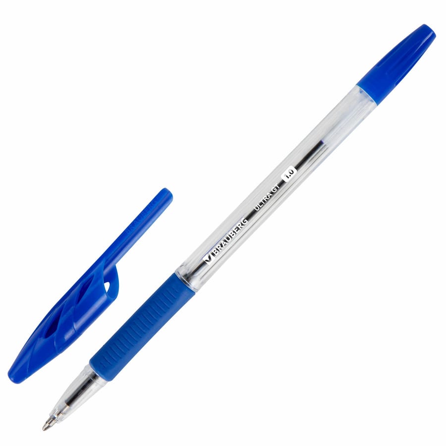 Ручка шариковая с грипом BRAUBERG "ULTRA GT", СИНЯЯ, корпус прозрачный, линия 0,5мм, 144051