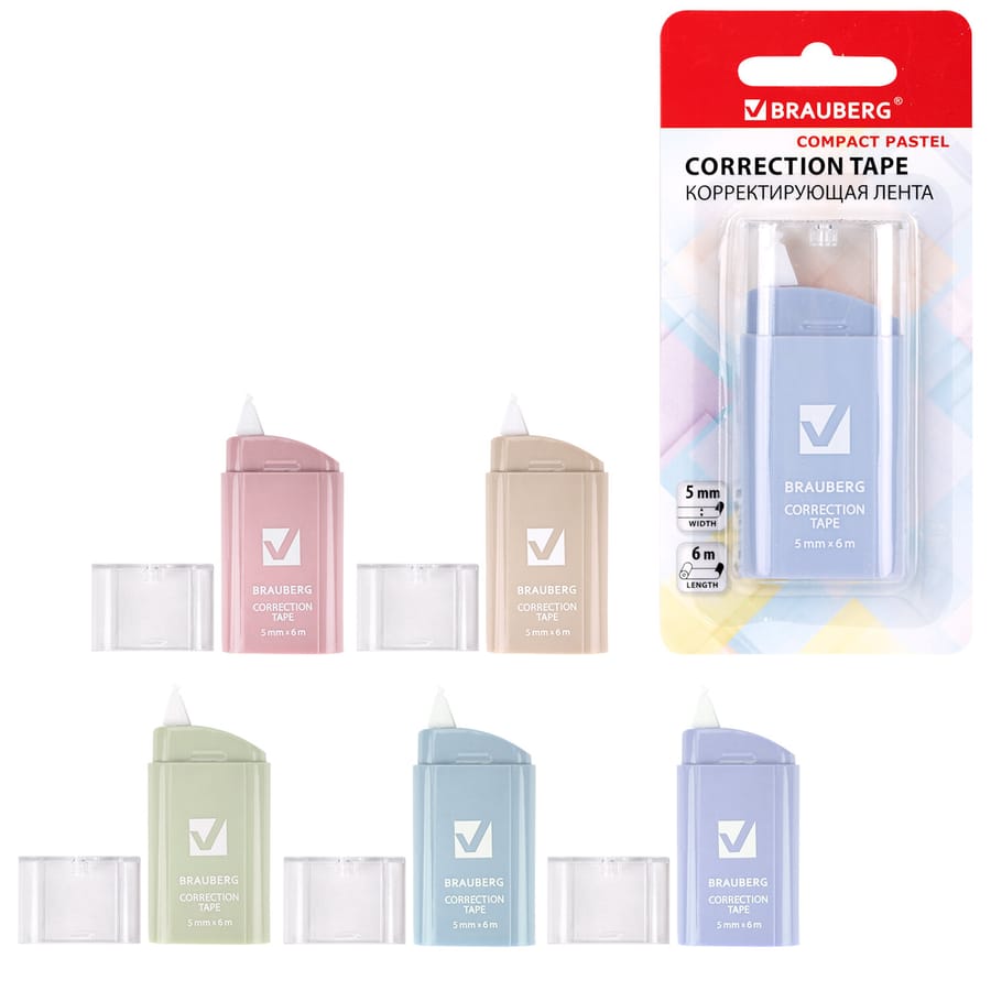 Корректирующая лента BRAUBERG COMPACT PASTEL, 5мм х 6 м, корпус ассорти, блистер, 272495