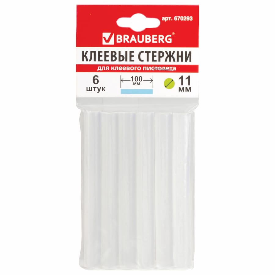 Клеевые стержни, диаметр 11мм, длина 100мм, прозрачные, КОМПЛЕКТ 6 шт., BRAUBERG, европ. 670293