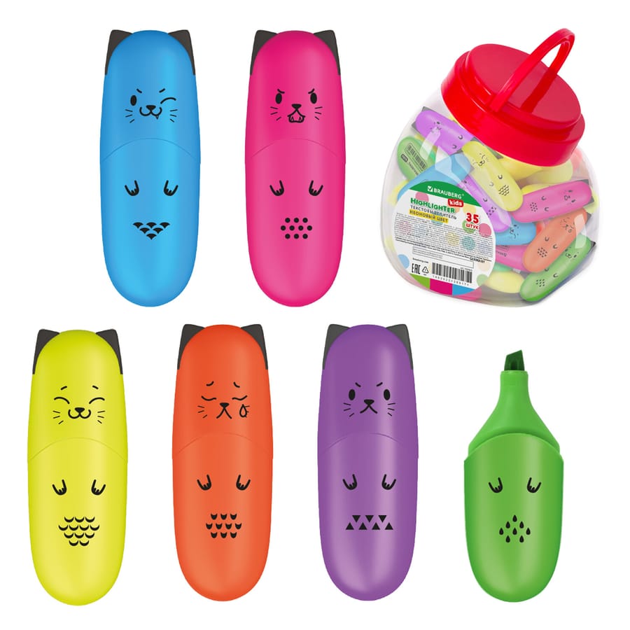 Текстовыделитель мини BRAUBERG KIDS "CUTE CATS NEON", АССОРТИ В ПЛАСТ. БАНКЕ, 1-5 мм, 152433