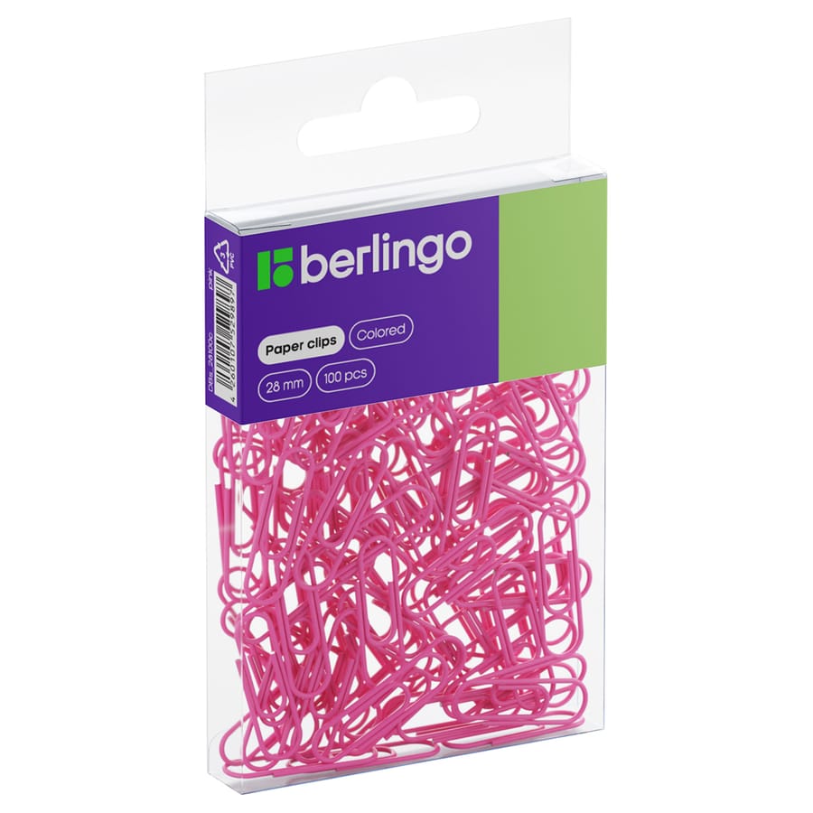 Скрепки 28мм, Berlingo, 100шт., цветные, ПВХ упак., европодвес, розовые DBs_28100c