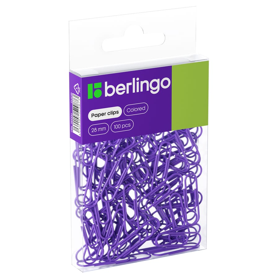 Скрепки 28мм, Berlingo, 100шт., цветные, ПВХ упак., европодвес, фиолетовые DBs_28100a