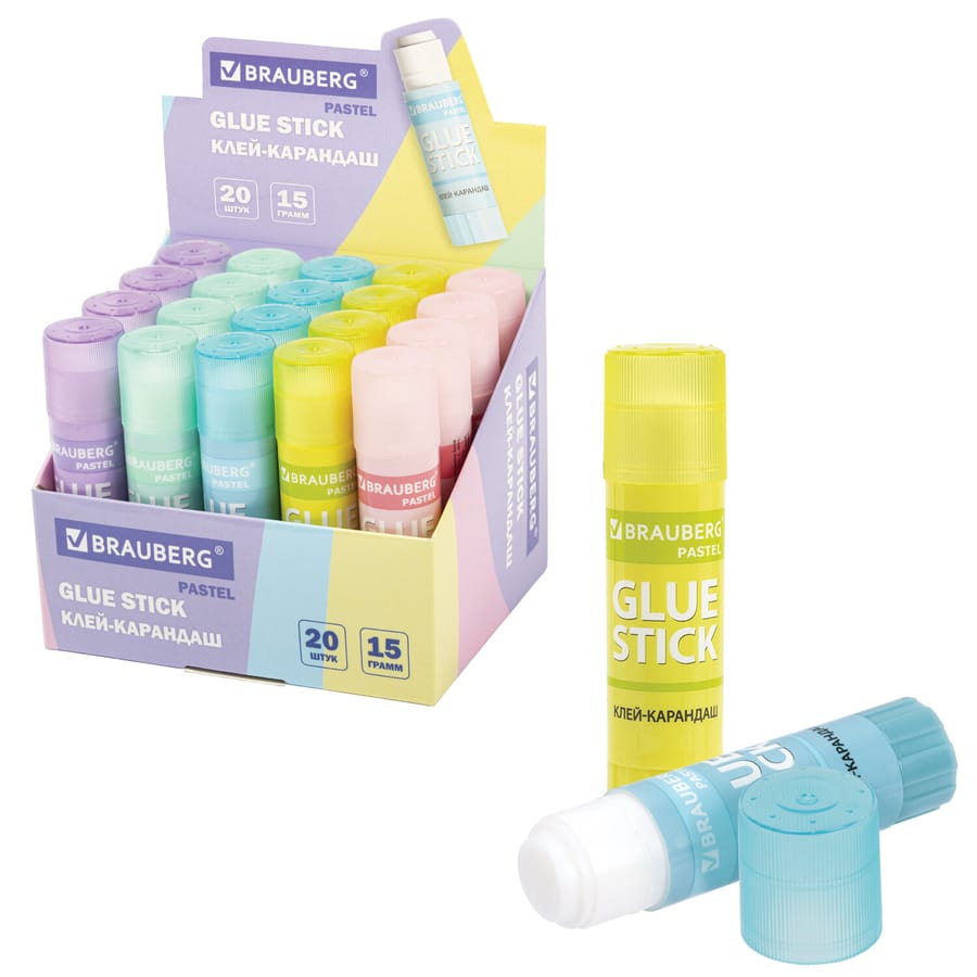 Клей-карандаш в пастельном корпусе BRAUBERG PASTEL, 15 г, PVP основа, ассорти, 271249