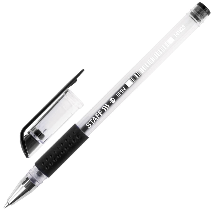 Ручка гелевая с грипом STAFF EVERYDAY GP-192, ЧЕРНАЯ, корпус проз., узел 0,5мм, линия 0,35мм, 141823