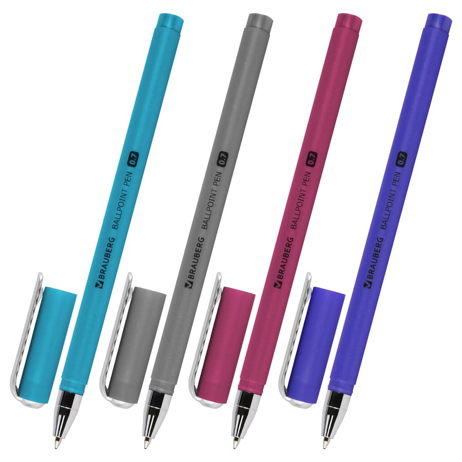 Ручка шариковая BRAUBERG SOFT TOUCH STICK "METALLIC", СИНЯЯ, мягкое покрытие, ассорти, 0,7мм,143699
