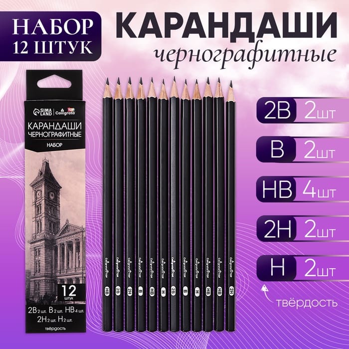 Набор карандашей чернографитных 12 штук (2шт-2В, 2шт-В, 4шт-НВ, 2шт-Н, 2шт-2Н)   10325518
