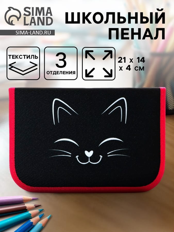 Пенал 3 секции, вкладка внутри, 140 х 210 х 40 мм, тканевый, Calligrata TOP Block "Котик"