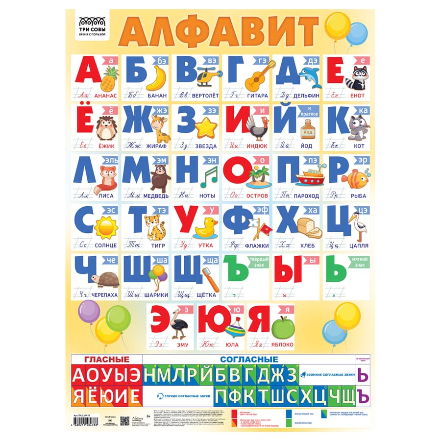 Плакат обучающий ТРИ СОВЫ "Алфавит", 440*600мм ПА2_60478
