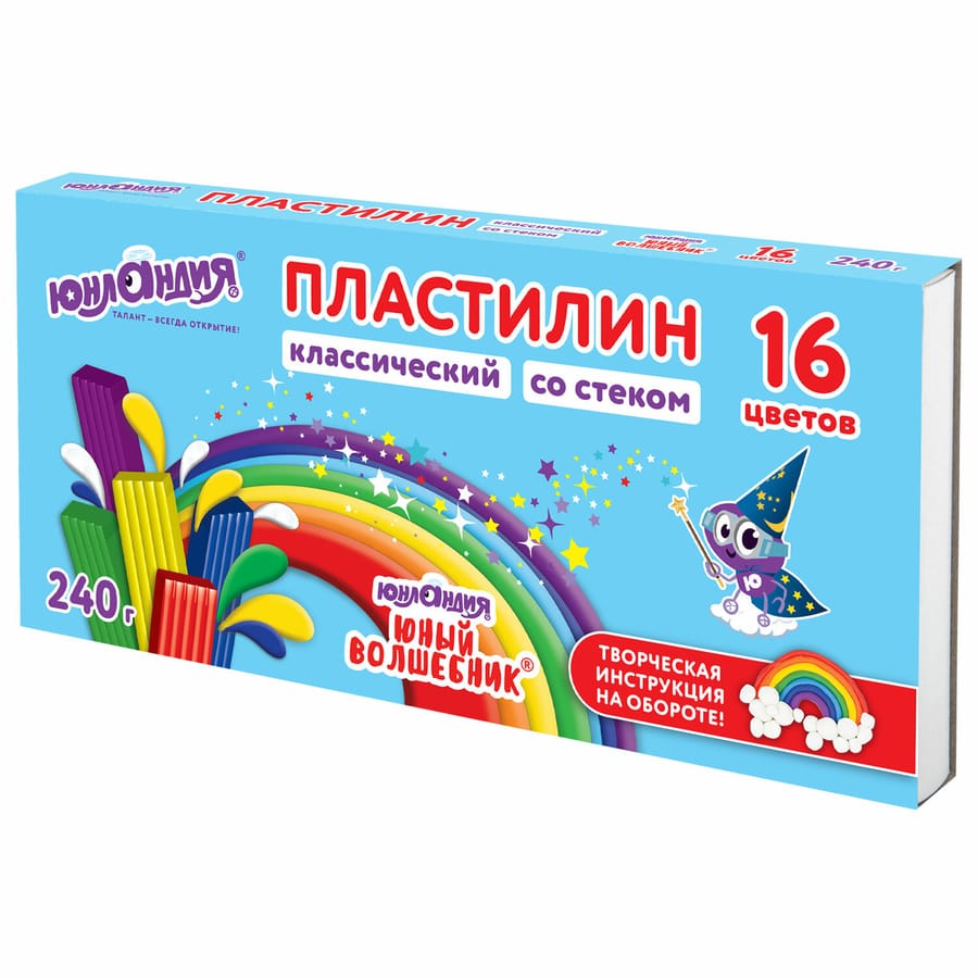 Пластилин классический ЮНЛАНДИЯ "ЮНЫЙ ВОЛШЕБНИК", 16 цветов, 240 грамм, , 106430