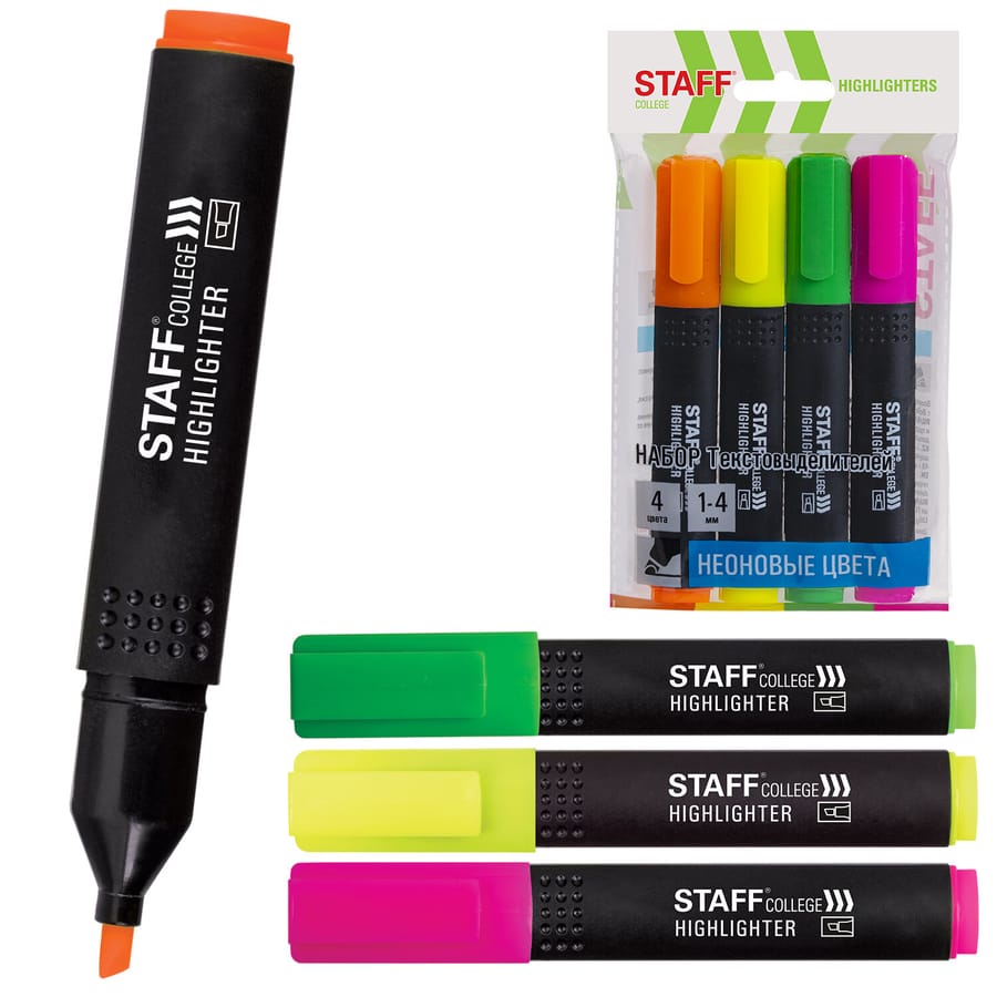 Набор текстовыделителей  4шт., АССОРТИ, STAFF College STICK HL-497, линия 1-4 мм, 151501