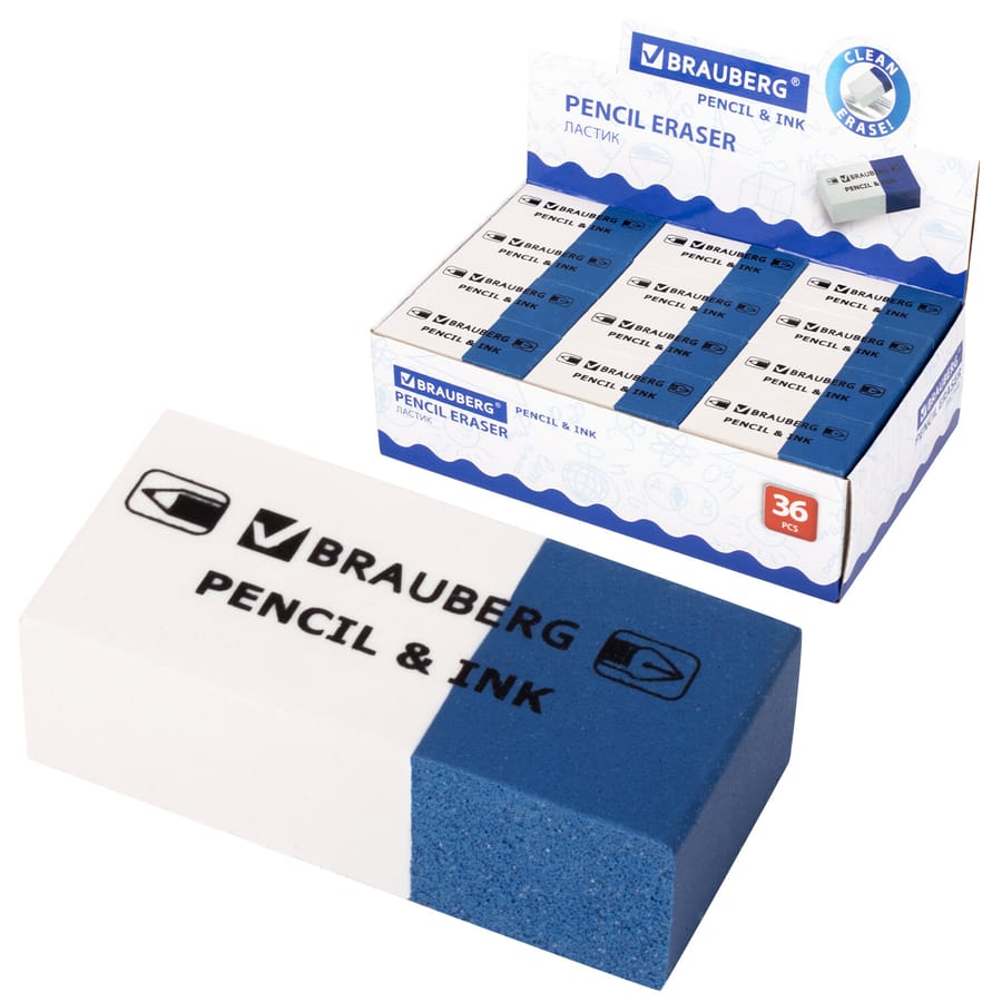 Ластик "BRAUBERG Pencil &amp; ink", 39x18x12мм, для ручки и карандаша, бело-синий, 229578