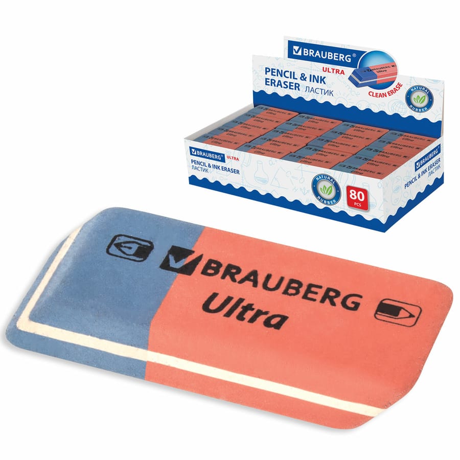 Ластик "BRAUBERG Ultra" 41х14х8мм, красно-синий, натуральный каучук, 228708