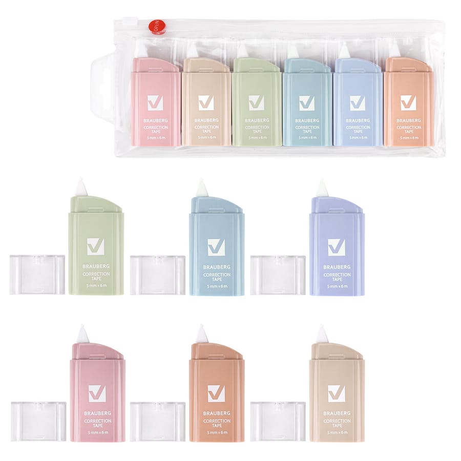Корректирующая лента BRAUBERG COMPACT PASTEL, 5мм х 6 м, КОМПЛЕКТ 6 штук, пенал с zip-lock, 272496