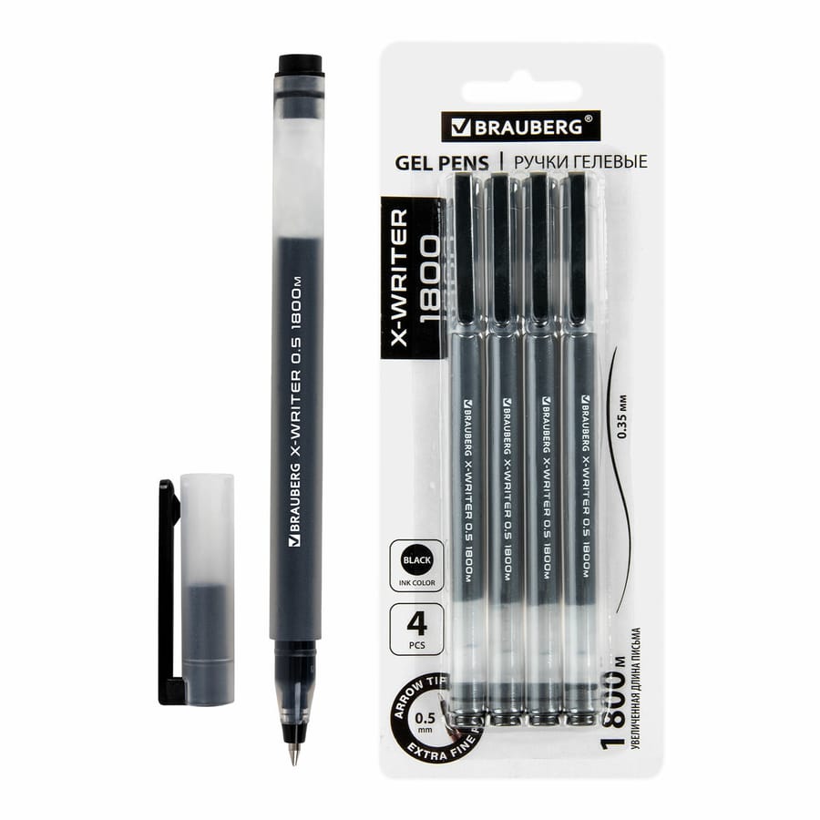 Ручки гелевые ДЛИНА ПИСЬМА 1 800 м, ЧЕРНЫЕ, НАБОР 4 ШТУКИ, BRAUBERG X-WRITER 1800, 0,35 мм, 144136