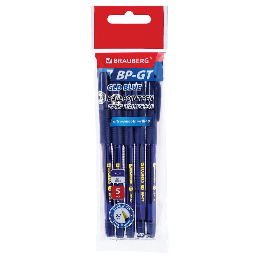 Ручки шариковые BRAUBERG BP-GT GLD BLUE, НАБОР 5 ШТУК, СИНИЕ, узел 0,7 мм, линия 0,35 мм, 144511