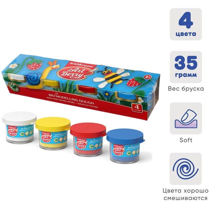 Масса для лепки 4цв в банке по 35гр Er.Krause