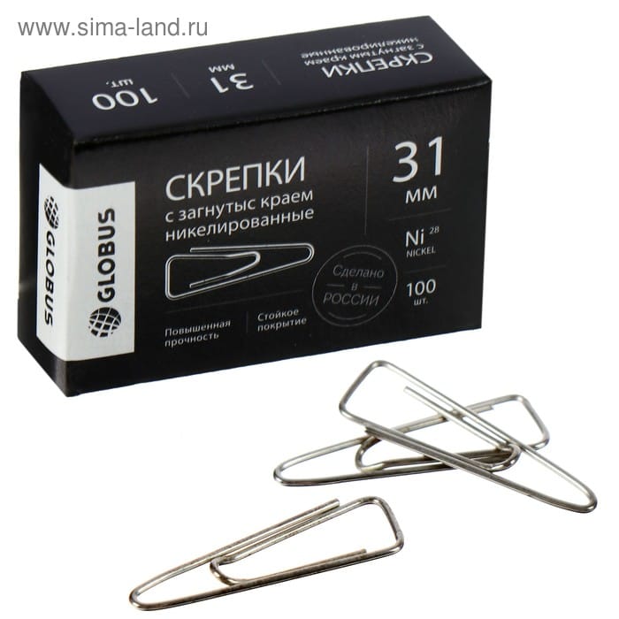 Скрепки канц. 31мм никелированные 100шт GLOBUS к/к 4852993