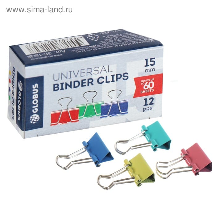 Зажимы для бумаг 15мм 12шт цв GLOBUS ассорти 4929044