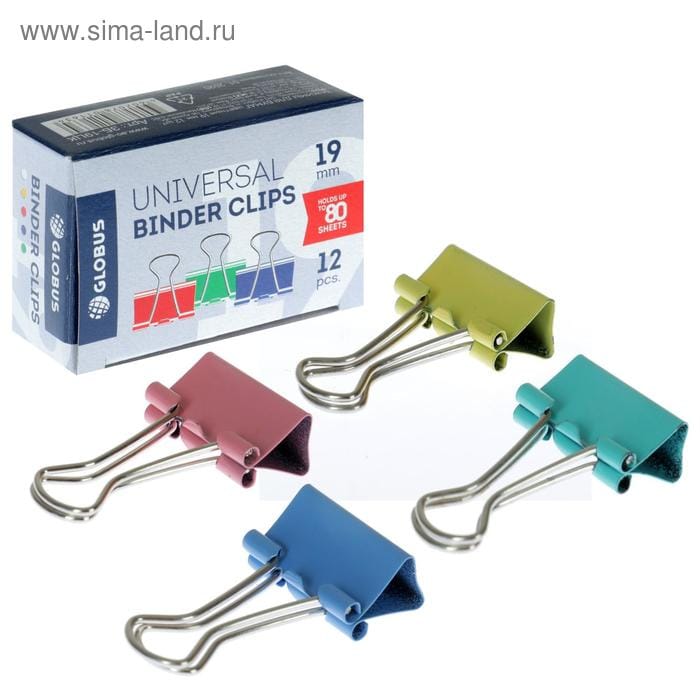 Зажимы для бумаг 19мм 12шт цвет GLOBUS ассорти 4929046