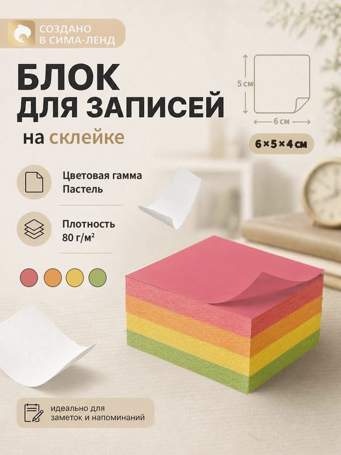 Блок бумаги д/записей на склейке 6*5*4 Calligrata цветные пастель 80г/м2 2895042