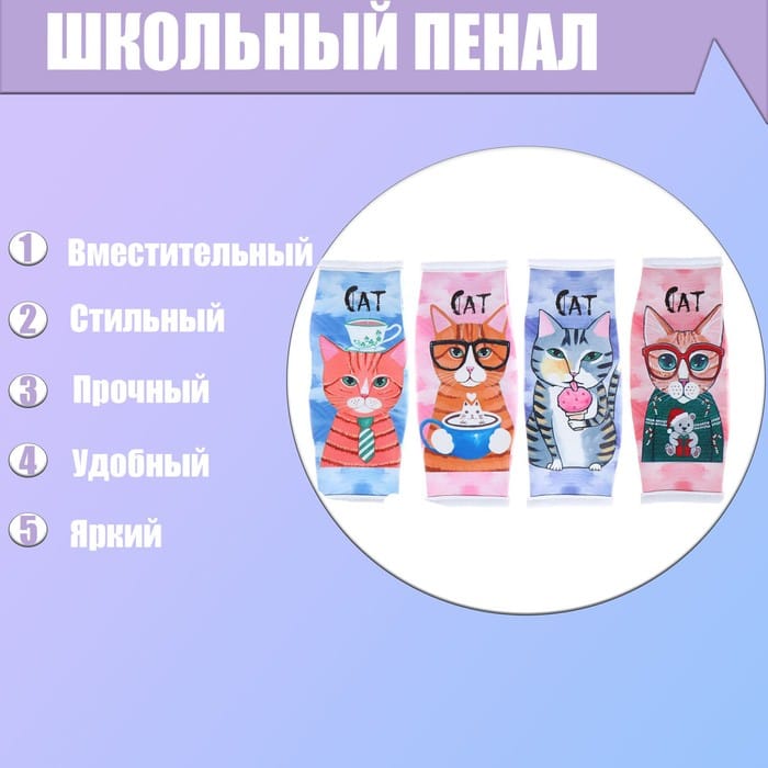 Пенал школьный на молнии МИКС Пакет Кот   4631888