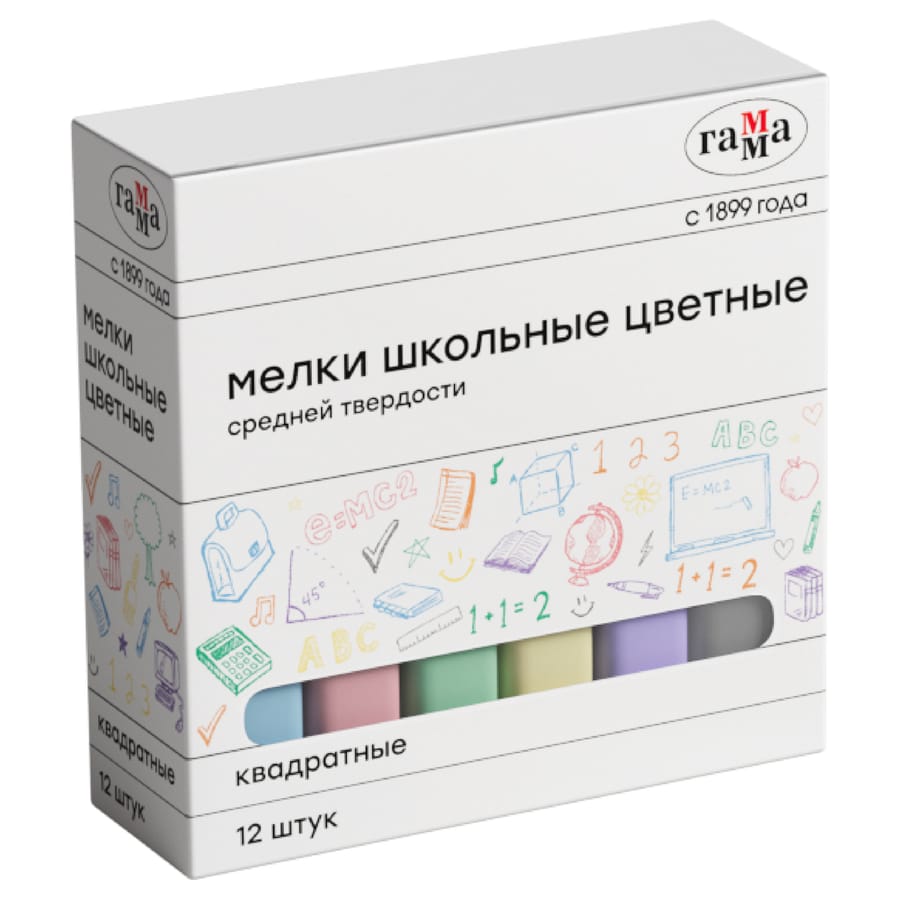 Мелки школьные цветные Гамма, 12шт., средней тверд., квадратные, картонная коробка 30320213