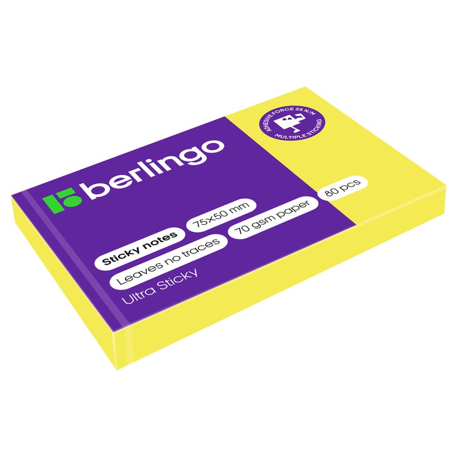 Самоклеящийся блок Berlingo "Ultra Sticky", 50*75мм, 80л, желтый неон LSn_39410