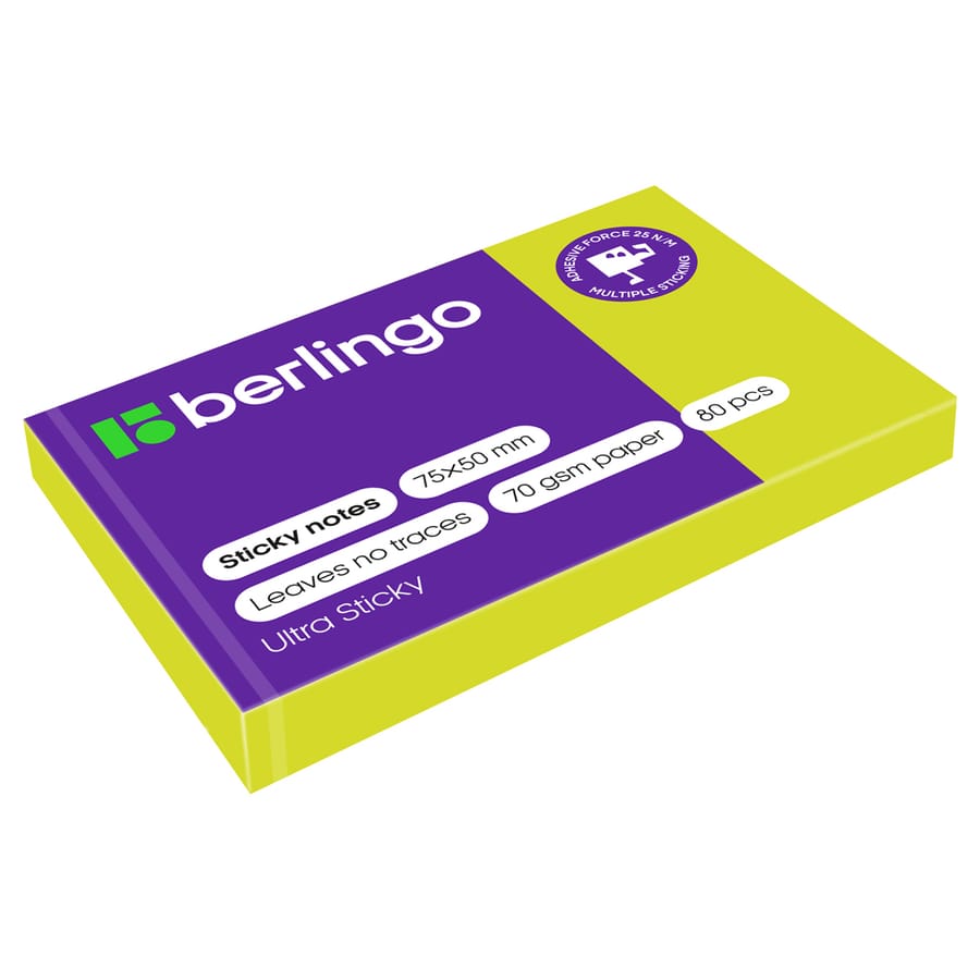 Самоклеящийся блок Berlingo "Ultra Sticky", 50*75мм, 80л, зеленый неон LSn_39411