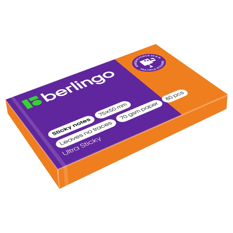 Самоклеящийся блок Berlingo "Ultra Sticky", 50*75мм, 80л, оранжевый неон LSn_39414
