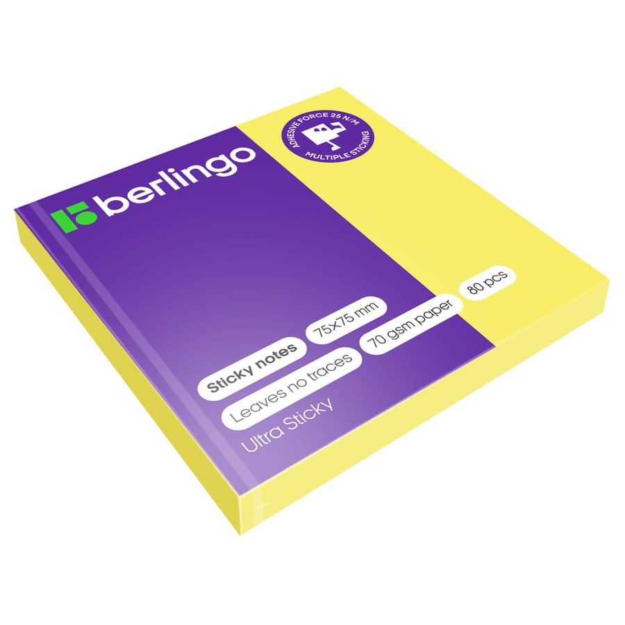 Самоклеящийся блок Berlingo "Ultra Sticky", 75*75мм, 80л, желтый неон LSn_39200