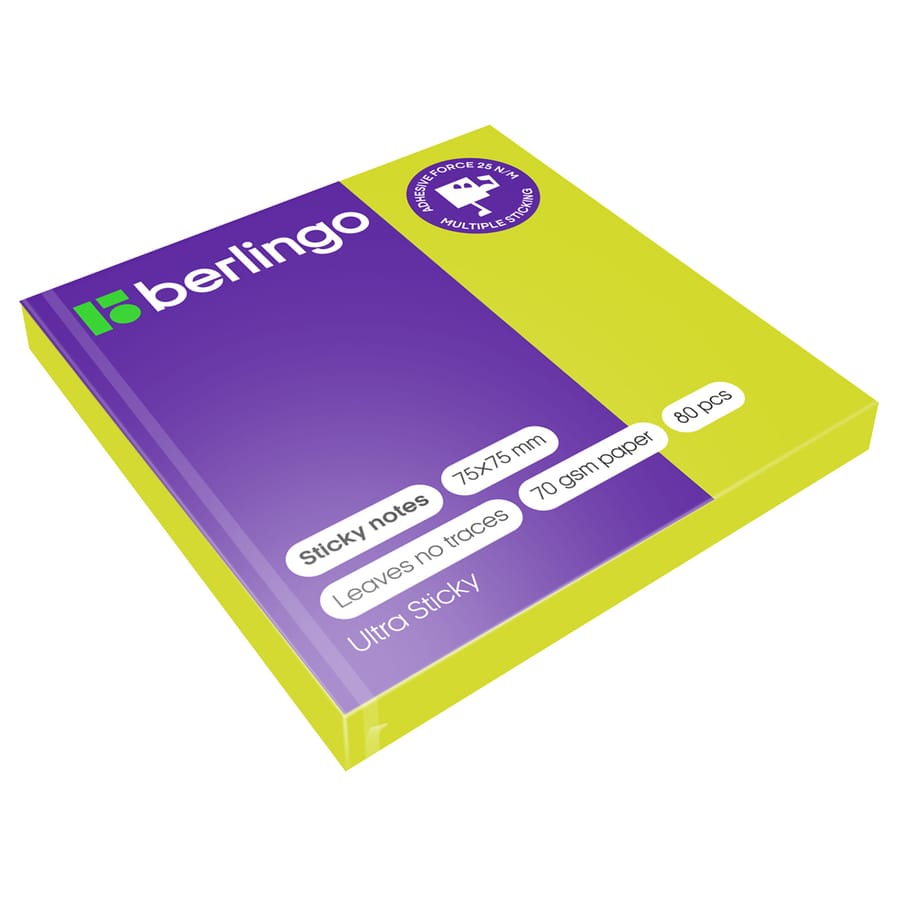 Самоклеящийся блок Berlingo "Ultra Sticky", 75*75мм, 80л, зеленый неон LSn_39201