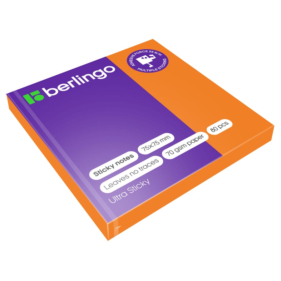 Самоклеящийся блок Berlingo "Ultra Sticky", 75*75мм, 80л, оранжевый неон LSn_39204