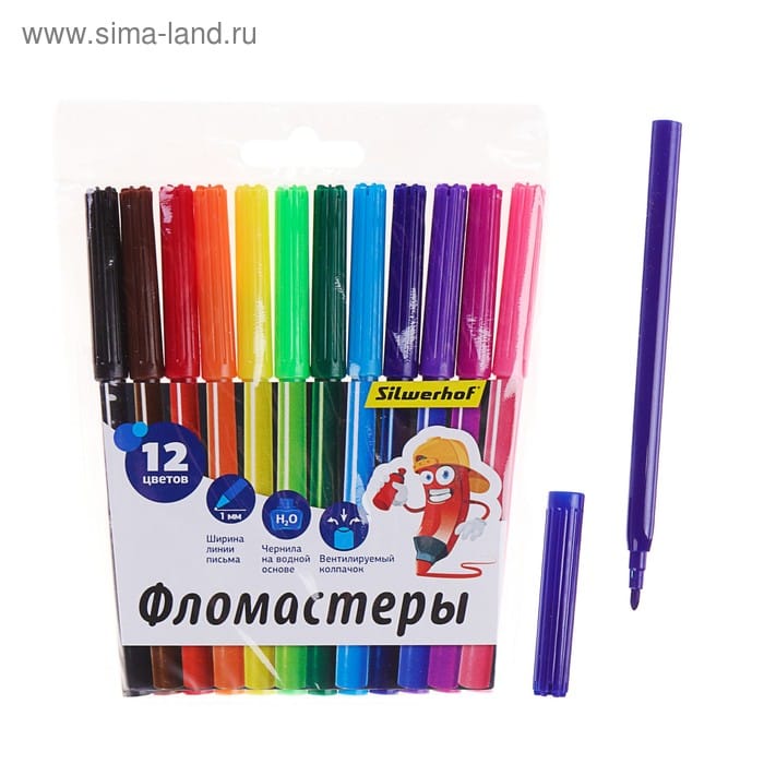 Фломастеры Silwerhof 867219-12 Народная коллекция 7.5мм 125мм круг. Вентилируемый 12цв. пакет с евро