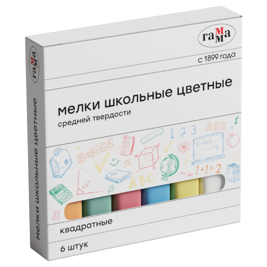 Мелки школьные цветные Гамма, 6шт., средней твердости, квадратные, картонная коробка 30320212