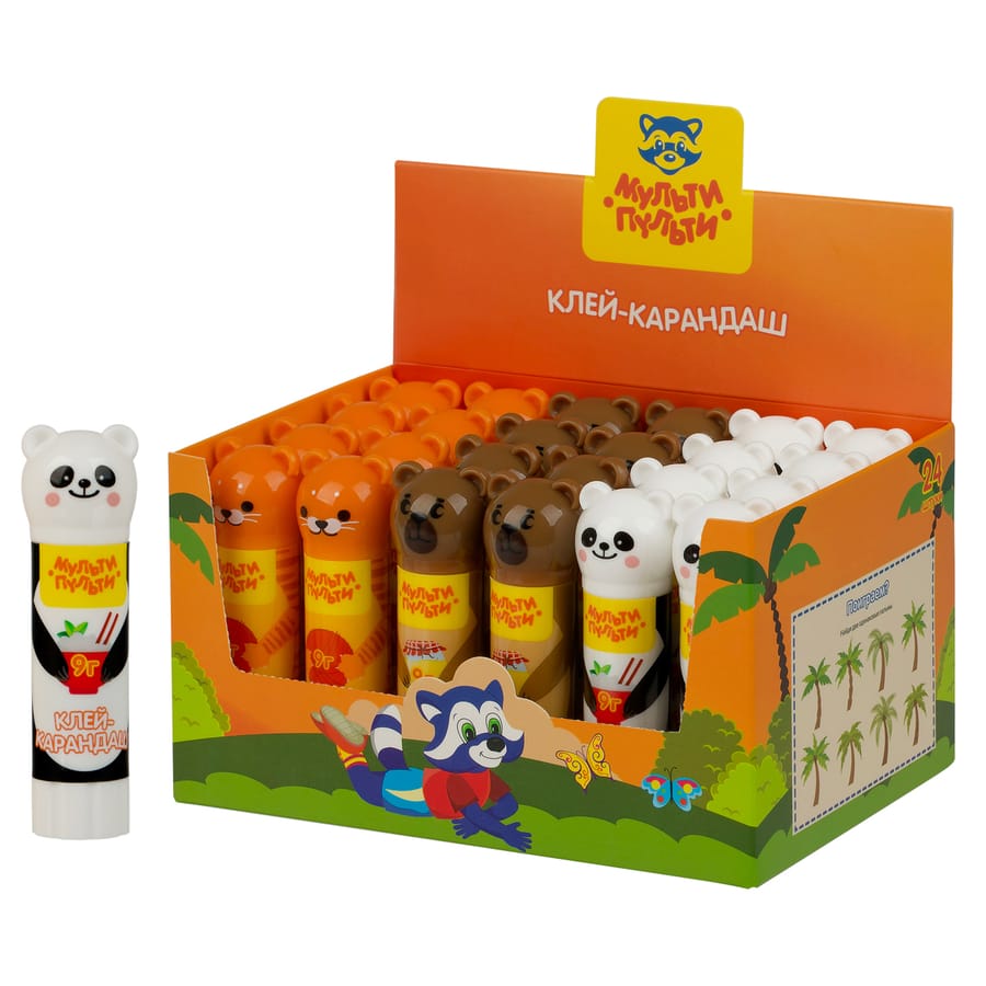 Клей-карандаш Мульти-Пульти "Зверята: Кот, Мишка, Панда", 09г, колпачок в форме животного, ПВП GS_33