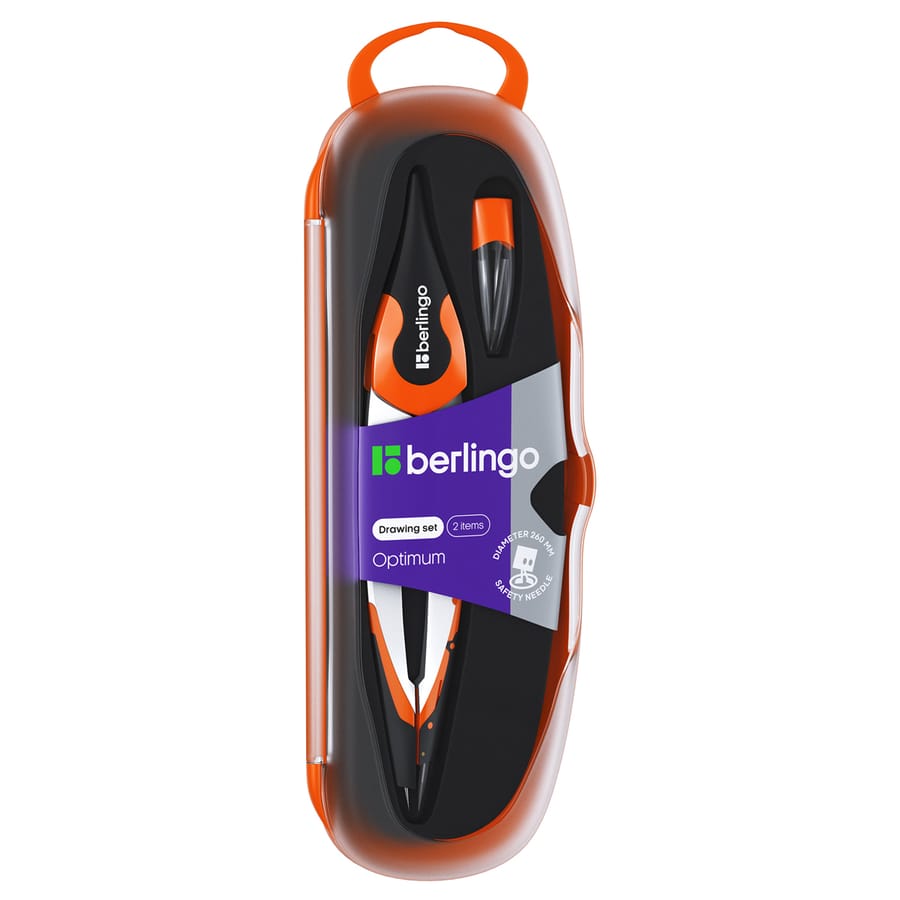 Готовальня Berlingo "Optimum", 2 предмета, циркуль 135мм, пластиковый футляр, оранжевый DS_00102c