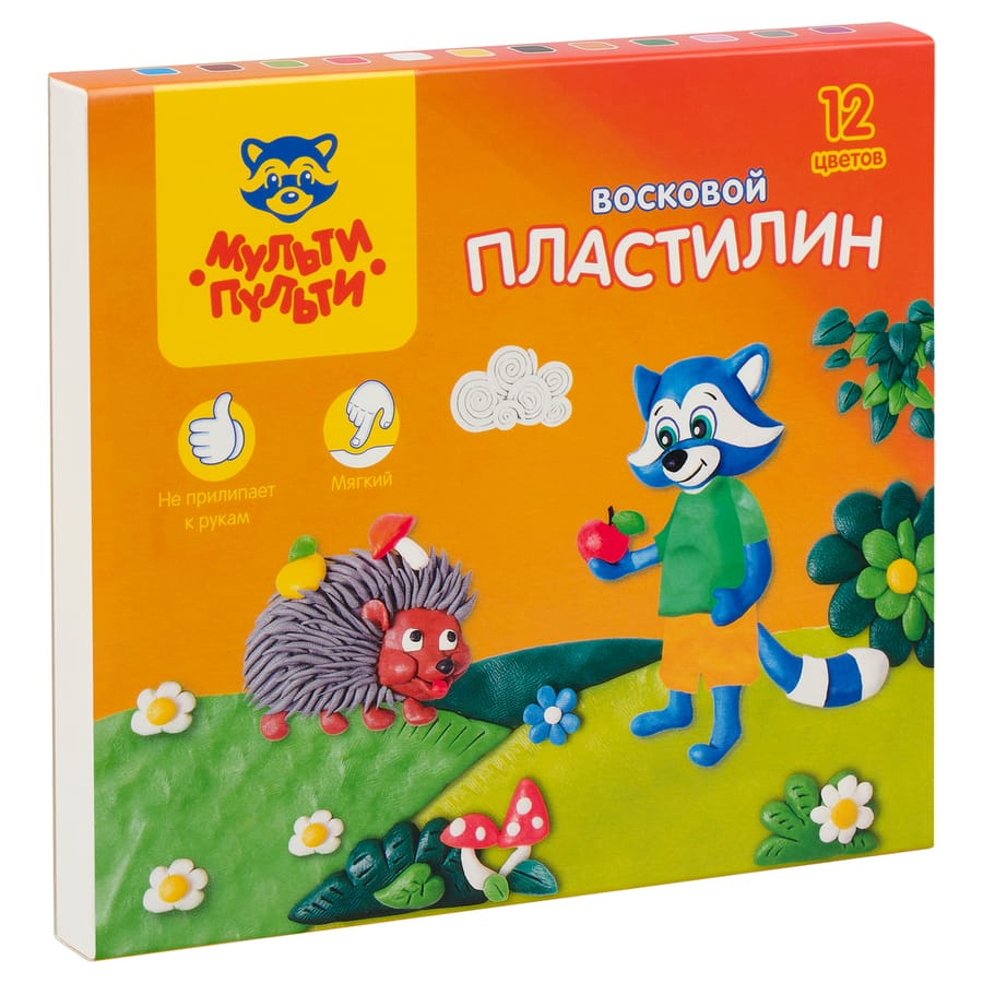 Пластилин Мульти-Пульти "Енот в лесу", 12 цветов, 180г, восковой, со стеком, картон, европодвес ВП_1